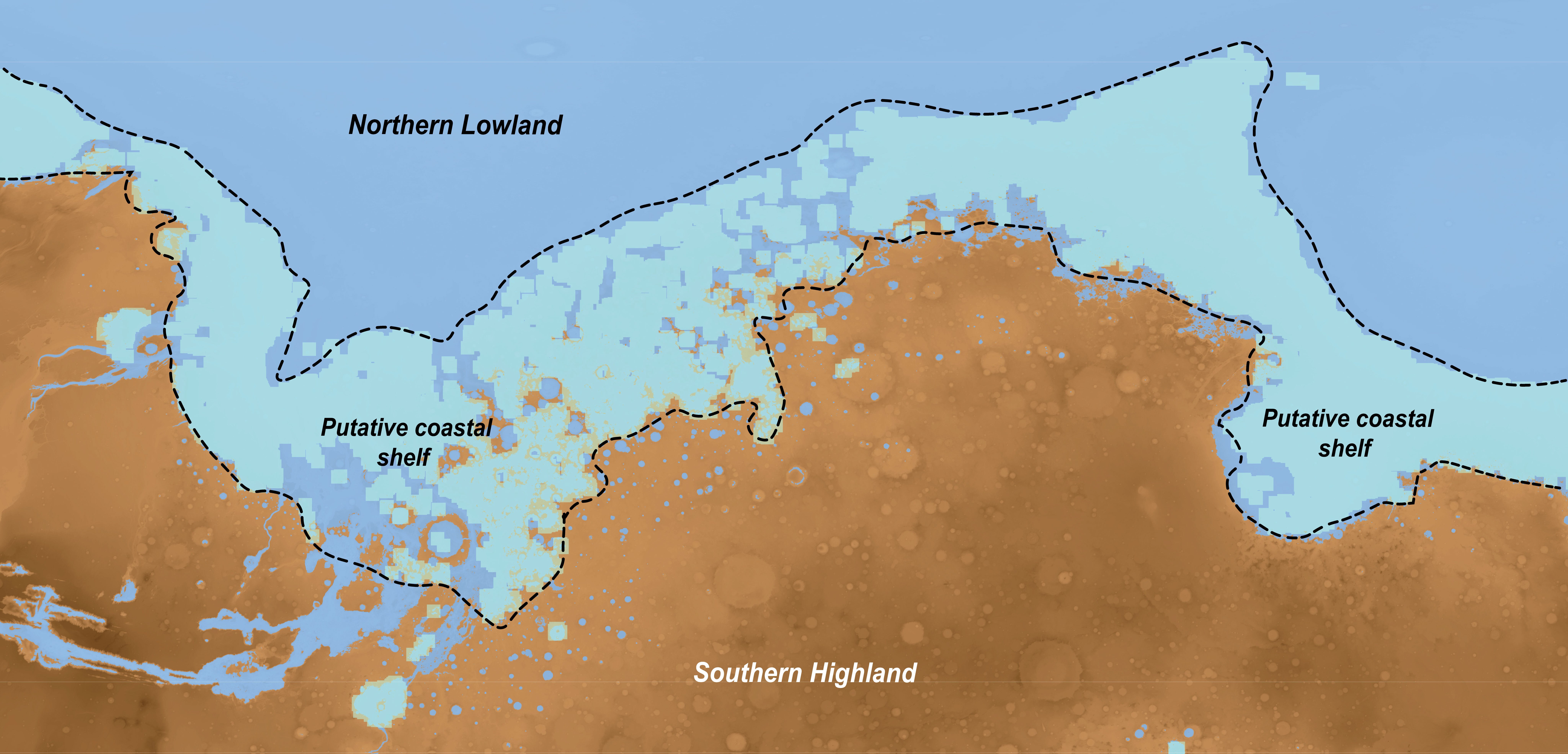 A map shows the difference between the northern lowland and the southern highland and in between the putative coastal shelf A map shows the difference between the northern lowland and the southern highland and in between the putative coastal shelf